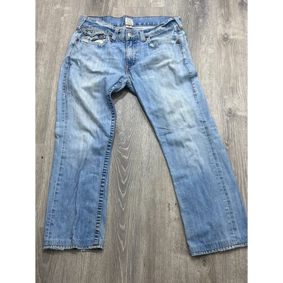 True Religion Jeans Men's Size 34 Wide Leg Embroidered Pockets Denim Blue - Picture 1 of 12